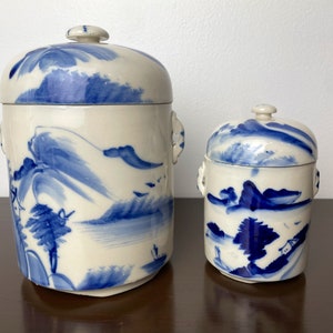 Chiński ręcznie malowany niebieski i biały porcelanowy zestaw pojemników na herbatę z pokrywkami, pojemniki azjatyckie/orientalne, kuchnia/jadalnia w stylu chinoiserie