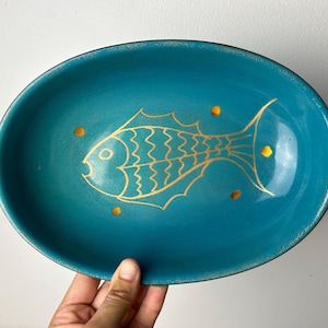 Vintage MCM Teal Blue & Gold Enamel on Copper Bowl, Mid Century Modern Speckled Enamelware, Ocean/Nautical Kitchen Dining Serving Dish