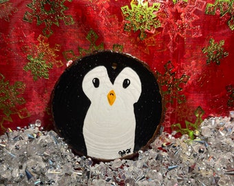 Hand painted cute penguin wooden ornament