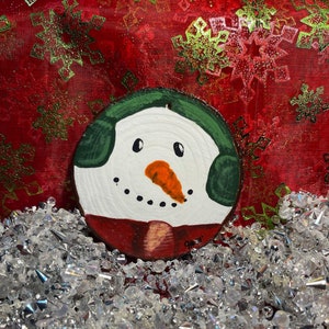 Hand Painted Snowman Face Wooden Ornament