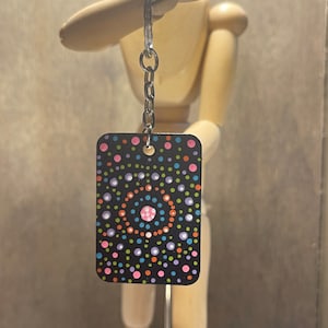 handpainted colorful dotted circle mandala inspired rectangle wooden keychain