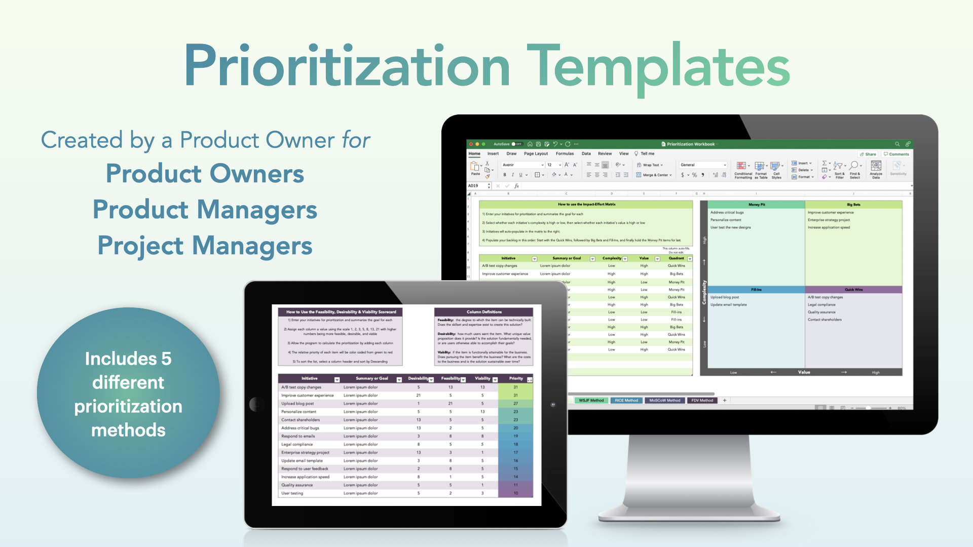 Product Prioritization Template Bundle – RICE, Impact/Effort, and Custom Frameworks for Product Managers (Excel)