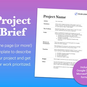 May include: A project brief template with a gradient purple and blue background. The document includes sections for project name, summary, goals, timeline, and budget. Text on the image says "Includes Google Docs & Microsoft Word formats."