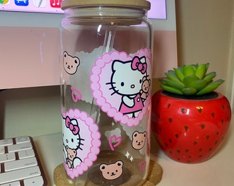 Pink Heart Kawaii Kitty Glass Cup