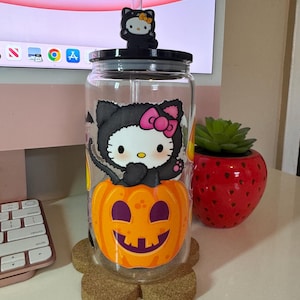 Kawaii Kitty Pumpkin Halloween Glass Cup With Straw Topper