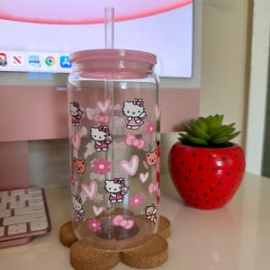 Pink Kawaii Kitty Bear Coquette Glass Cup