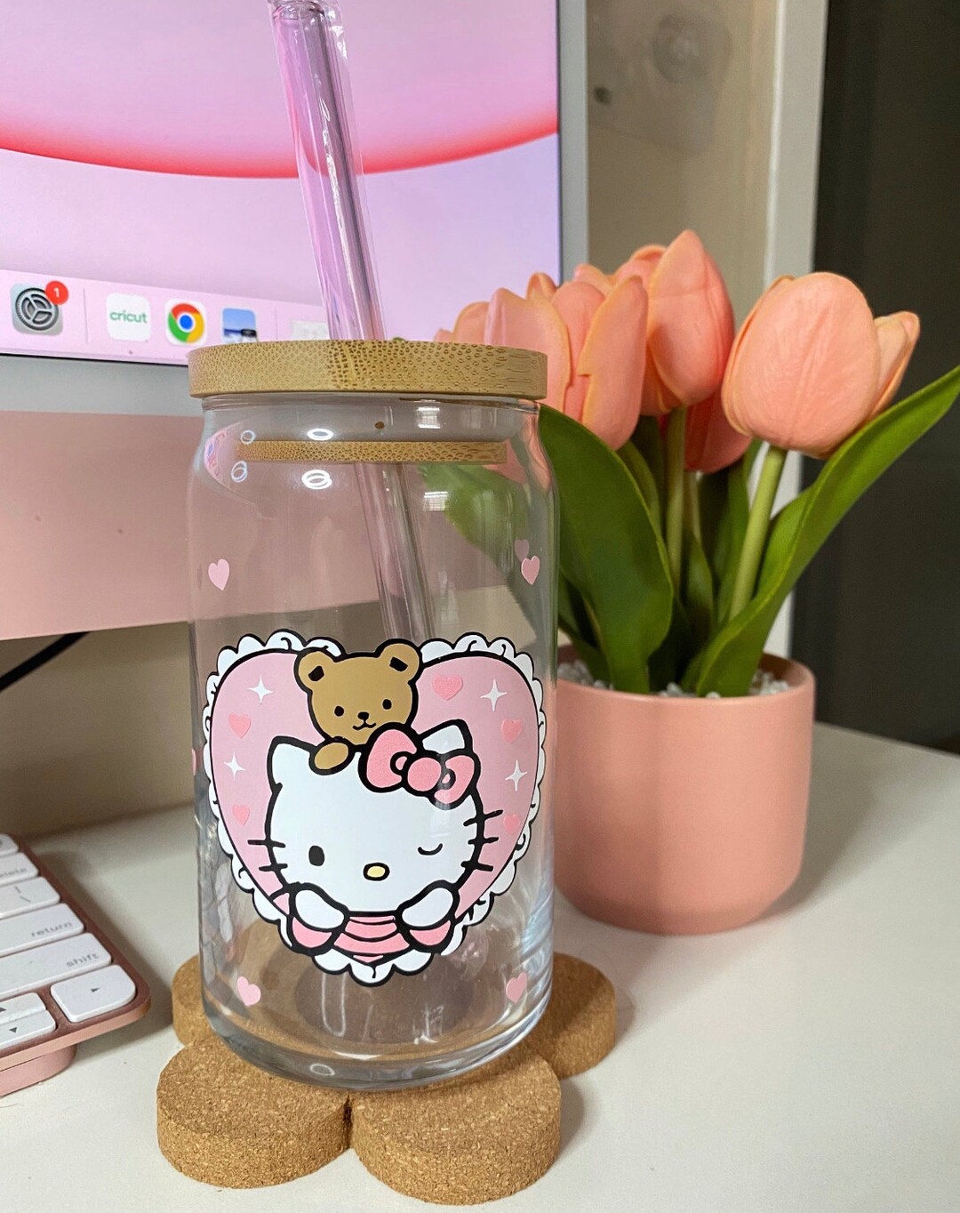 Kitty heart with bear glass cup