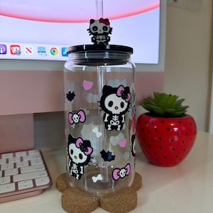 Halloween Kawaii Kitty Skeleton Glass Cup