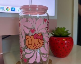 Pink Talavera Kawaii Kitty Conchas Glass Cup