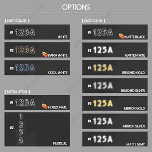 May include: Image displaying options for a product, featuring text labels and color swatches. The options include light color, face color, and installation choices. The text includes numbers and letters, with color variations like white, warm white, and cool white.