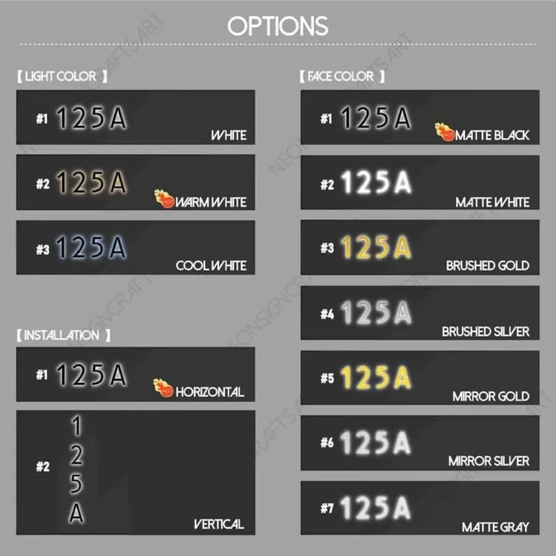 May include: Image displaying options for a product, featuring text labels and color swatches. The options include light color, face color, and installation choices. The text includes numbers and letters, with color variations like white, warm white, and cool white.
