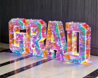 GRAD Irisierende Leuchtbuchstaben, 3D-Festzeltbuchstaben, LED-Leuchtbuchstaben für Abschlussfeier, Geburtstagsfeierdekor, Hausbardekor