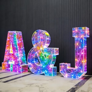 Puede incluir: Tres letras de marquesina iluminadas: A, &, y J. Cada letra está delineada con plástico transparente y llena de luces de colores. Las letras están colocadas sobre un suelo de mármol contra una pared oscura con paneles de madera.