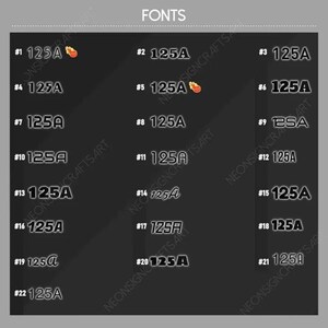 May include: A dark gray graphic with the word "FONTS" at the top. Below, various font styles are displayed, each labeled with a number and the text "125A". Some fonts include a small flame icon. The image is for font design.