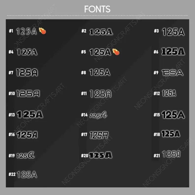 May include: A dark gray graphic with the word "FONTS" at the top. Below, various font styles are displayed, each labeled with a number and the text "125A". Some fonts include a small flame icon. The image is for font design.