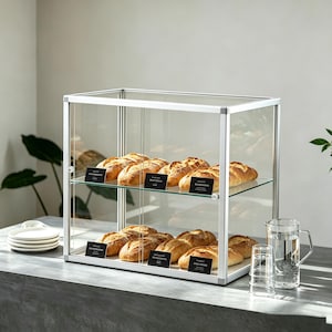Op de afbeelding: Een zilverkleurige glazen vitrine gevuld met broden. De vitrine heeft twee planken met meerdere broden op elk. Kleine zwarte bordjes zijn voor elk brood geplaatst. Een glazen kan en een stapel glazen staan op het aanrecht.