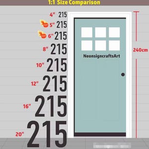 May include: A teal door with a white frame, featuring a size comparison chart. Measurements range from 4 inches to 20 inches, with a height of 215 inches. The door's height is 240cm. The text "NeonsigncraftsArt" is visible on the door.