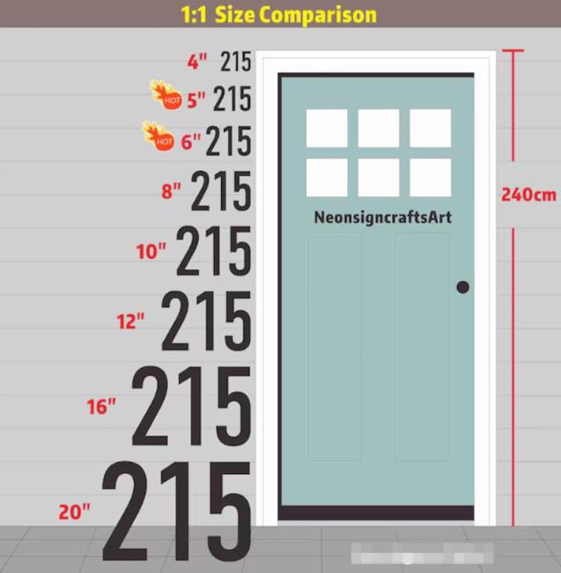 May include: A teal door with a white frame, featuring a size comparison chart. Measurements range from 4 inches to 20 inches, with a height of 215 inches. The door's height is 240cm. The text "NeonsigncraftsArt" is visible on the door.