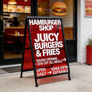 Könnte beinhalten: A-förmiges Werbeschild für einen Hamburger-Shop. Der rote Hintergrund trägt weißen Text: "HAMBURGER SHOP, JUICY BURGERS & FRIES". Es zeigt auch "GRAND OPENING - 30% OFF ALL MEALS" und die Öffnungszeiten an.