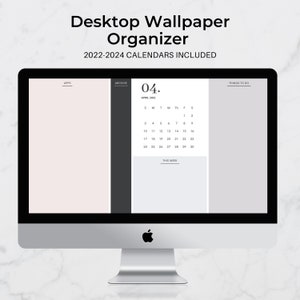 Puede incluir: Una pantalla de ordenador que muestra un organizador de fondo de escritorio con un calendario para abril de 2022. El calendario está etiquetado como "04." y tiene los días de la semana etiquetados como S, M, T, W, Th, F, S. El calendario está dividido en tres secciones: Aplicaciones, Archivo y Cosas que hacer.
