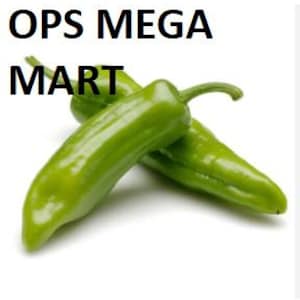 May include: Two fresh, green peppers with curved shapes and stems, set against a white background. The peppers are vibrant in color, with a smooth texture. The text "OPS MEGA MART" is displayed above "MART".