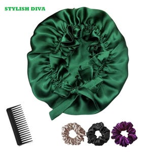 May include: A dark green satin bonnet with a ruffled edge and a bow. The image also includes a black comb and three scrunchies in beige, black, and purple. The text "STYLISH DIVA" is in green at the top.