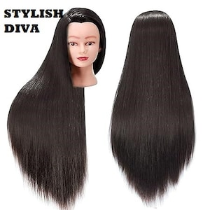 May include: A mannequin head with long, straight, dark brown hair. The head is facing forward with a neutral expression. The text "STYLISH DIVA" is in the upper left corner. The hair is styled to the side and is shown from the back.