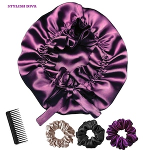 May include: A purple satin bonnet with a drawstring closure and matching tie. The image also includes a black comb and three scrunchies in beige, black, and purple. The text "STYLISH DIVA" is visible at the top.