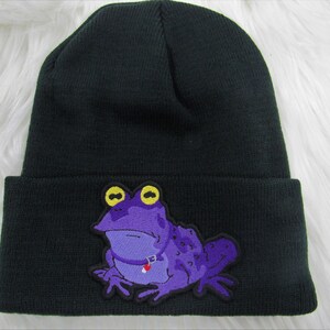 May include: A black knit beanie with a purple frog wearing a red collar and yellow eyes embroidered on the front.
