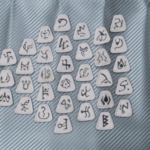May include: A collection of 30 white triangular fabric patches with black embroidered symbols. The patches are arranged in a circle on a gray textured background.