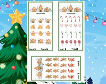 May include: A printable sheet of Christmas-themed stickers featuring gingerbread houses, candy canes, and gingerbread men. The sheet is divided into three sections, each with a different design. The top section features gingerbread houses, the middle section features candy canes, and the bottom section features gingerbread men. The sheet is labeled "6GirlsBudget" in the top right corner.