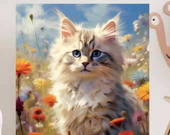 Juguetón Kitty-Nursery impresión de pared- Impresión de pared de gatito-impresión de pared de flores silvestres arte de gato, impresión de gatito, decoración de pared de flores silvestres con estampado de gato IMPRIMIBLE
