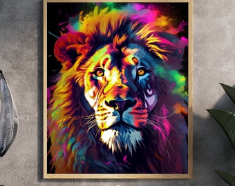 Neon Lion Abstract Print, Colorful Lion Wall Decor (Digital Download)