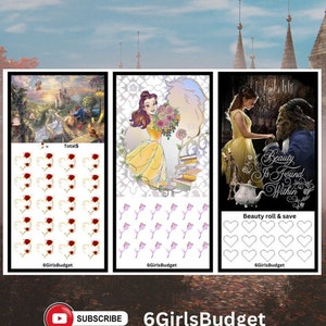 May include: Three printable budget tracker sheets featuring Beauty and the Beast characters. The first sheet has red roses, the second sheet has pink roses, and the third sheet has hearts.