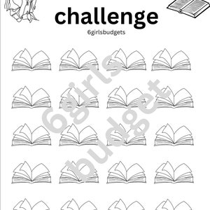 May include: Black and white illustration of a reading challenge with 18 open books. The text "Reading challenge" is at the top of the page. The text "6girlsbudgets" is below the title. The text "Each" and "Total" are at the bottom of the page.