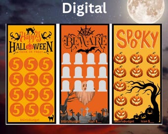 May include: Set of three digital printable Halloween signs in orange and black with spooky graphics. The signs feature the text "Happy Halloween", "Beware", and "Spooky".