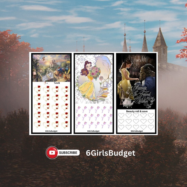 May include: Three printable budget tracker sheets featuring Beauty and the Beast characters. The first sheet has red roses, the second sheet has pink roses, and the third sheet has hearts.