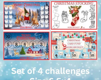 May include: Set of four printable Christmas-themed challenge cards, each measuring 6.5 inches by 4 inches. The cards feature a variety of Christmas-themed images, including a stocking, a reindeer, a house, and a Christmas tree. The cards also include text such as "Merry Christmas", "Christmas Stocking", "Christmas Card Fund", and "Save $60".