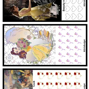 May include: A set of three printable images featuring Belle and the Beast from the Disney movie Beauty and the Beast. The first image shows Belle and the Beast dancing, the second image shows Belle reading a book, and the third image shows Belle and the Beast looking out over a castle. The images are surrounded by hearts and roses.