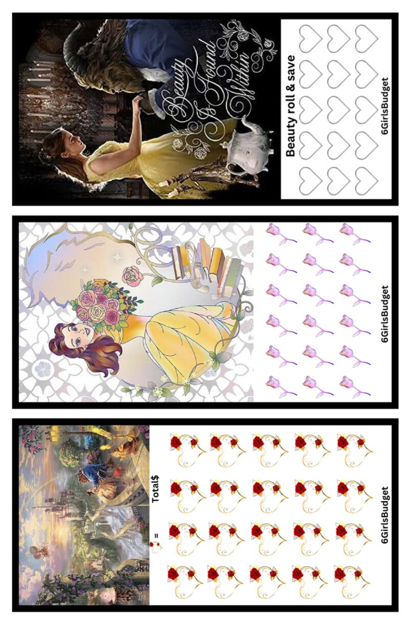 May include: A set of three printable images featuring Belle and the Beast from the Disney movie Beauty and the Beast. The first image shows Belle and the Beast dancing, the second image shows Belle reading a book, and the third image shows Belle and the Beast looking out over a castle. The images are surrounded by hearts and roses.