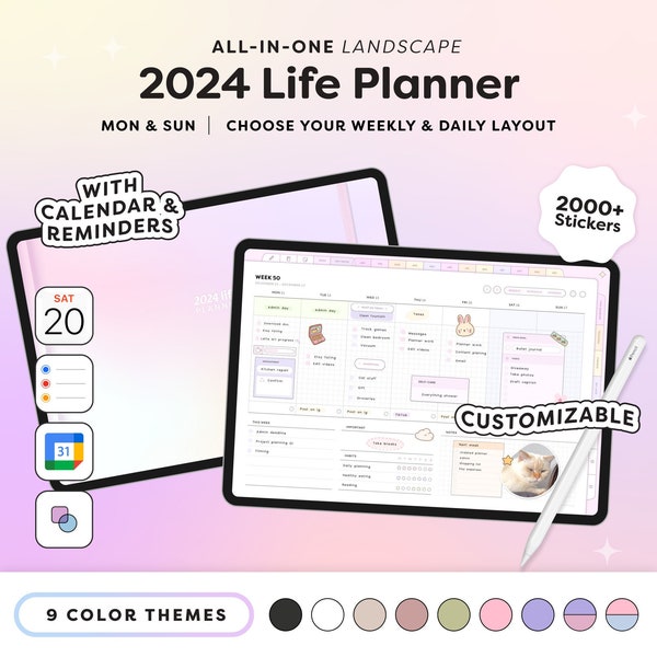 2024 Digital Life Planner, All in One Landscape Planner, Customisable, Pastel, Neutral, With Google Calendar, Apple Calendar and Reminders
