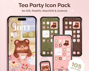 Conjunto de iconos, Tema lindo de la fiesta del té del oso, Teléfono iOS, iPad, Tema de la tableta, Android, Fondo de pantalla, Tema lindo del teléfono, Rosa, Marrón, Iconos verdes