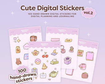 Pegatinas digitales lindas Vol. 2 para diarios y planificadores digitales, pegatinas de Goodnotes, PNG, pegatinas dibujadas a mano en tonos pastel