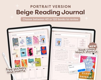 Digital Reading Journal in Portrait, Book Review Journal, Reading Log and Planner, Beige Journal