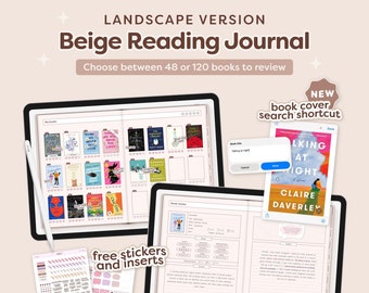 Diario de lectura digital en formato horizontal, diario de reseñas de libros, registro y planificador de lectura, diario beige