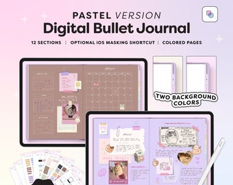Digital Bullet Journal with 12 Section Dividers, Pastel Minimal Realistic Bujo, Cute Notebook with Colored Pages and Stickers