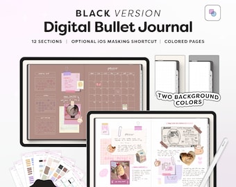 Digital Bullet Journal with 12 Section Dividers, Black Minimal Realistic Bujo, Cute Notebook with Colored Pages and Stickers