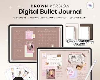 May include: A digital bullet journal with two background colors, brown and pink. The journal has 12 sections and includes free stickers. The journal is displayed on a tablet screen with a stylus.