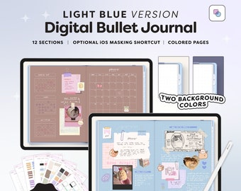 Bullet Journal digital con 12 divisores de secciones, Bujo minimalista realista azul claro, lindo cuaderno con páginas de colores y pegatinas