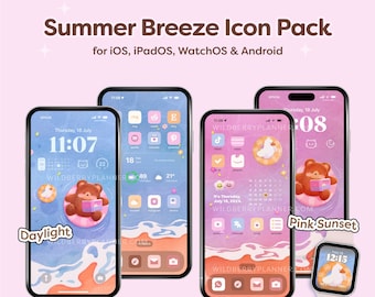 Summer Icon Theme, Bear Icon Pack, iOS Phone, iPad, Tablet Theme, Android, Wallpaper, Cute phone theme, Pink, Blue, Pastel